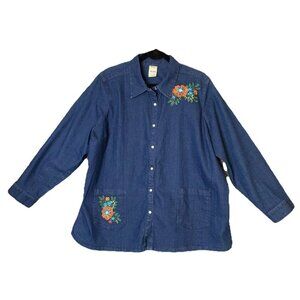 Blair Womens Size 2XL Blue Jean Denim Embroidered Jacket Pearl Snap Pockets Boho